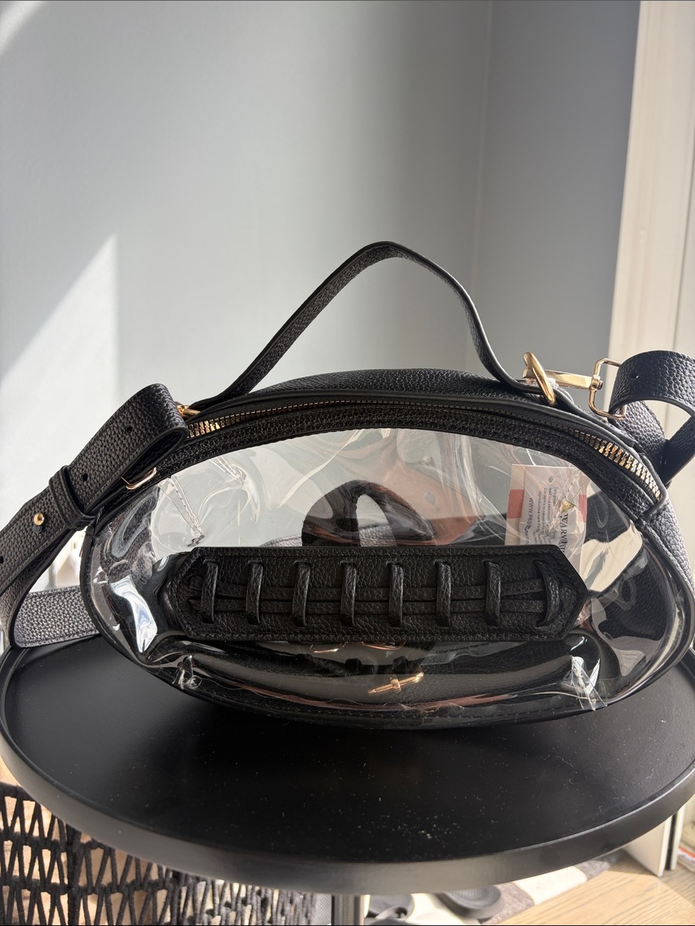 Clear Black Crossbody Bag with Leather Trim